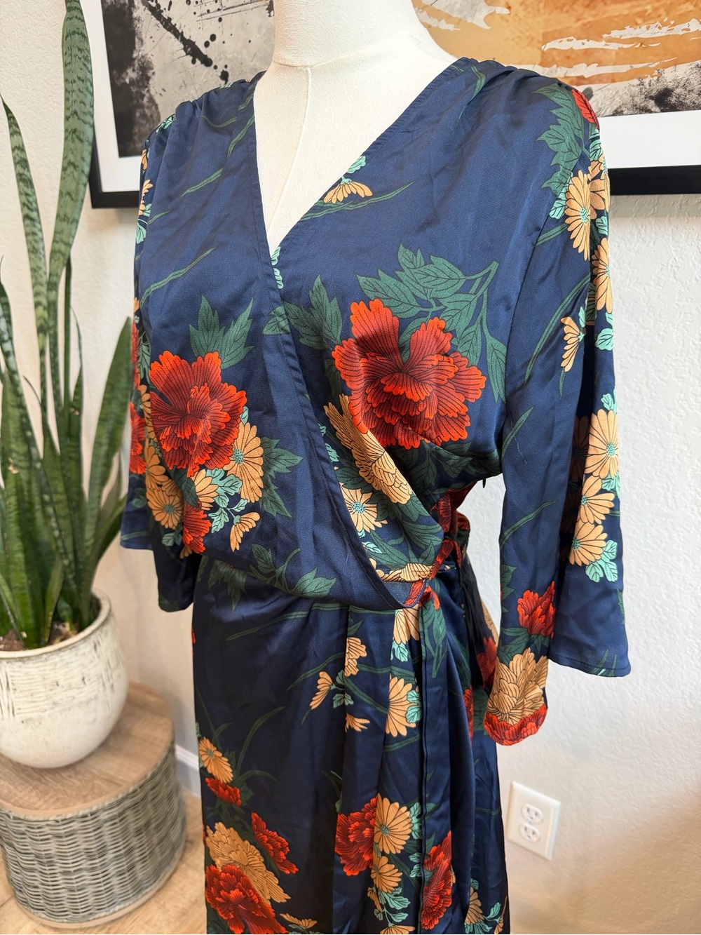 Boohoo Navy Floral Wrap Dress with Red & Beige Blooms - Picture 8 of 14